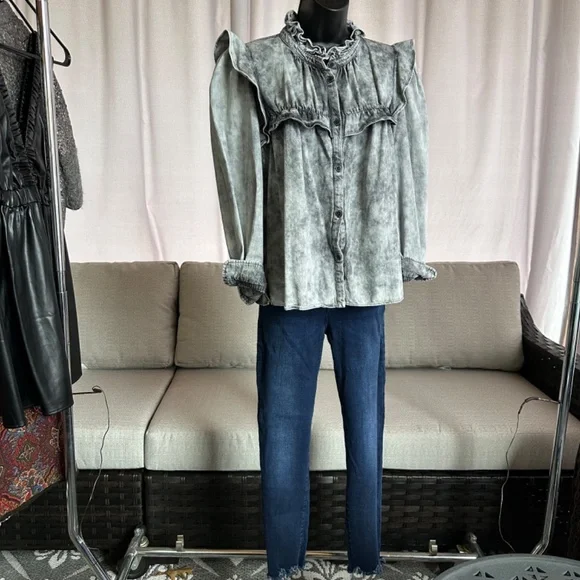 Isabel Etoile Marant Tie Dye Acid Wash Print Mock Neck Button up top - Picture 12 of 13